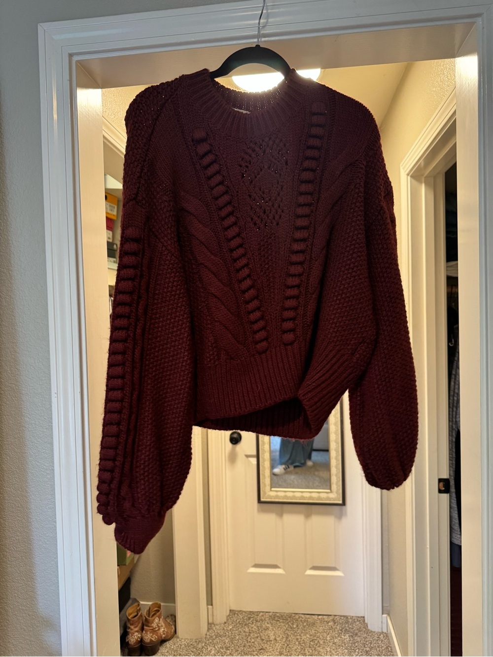 Anthropologie Burgundy Cable Knit Crewneck Sweater